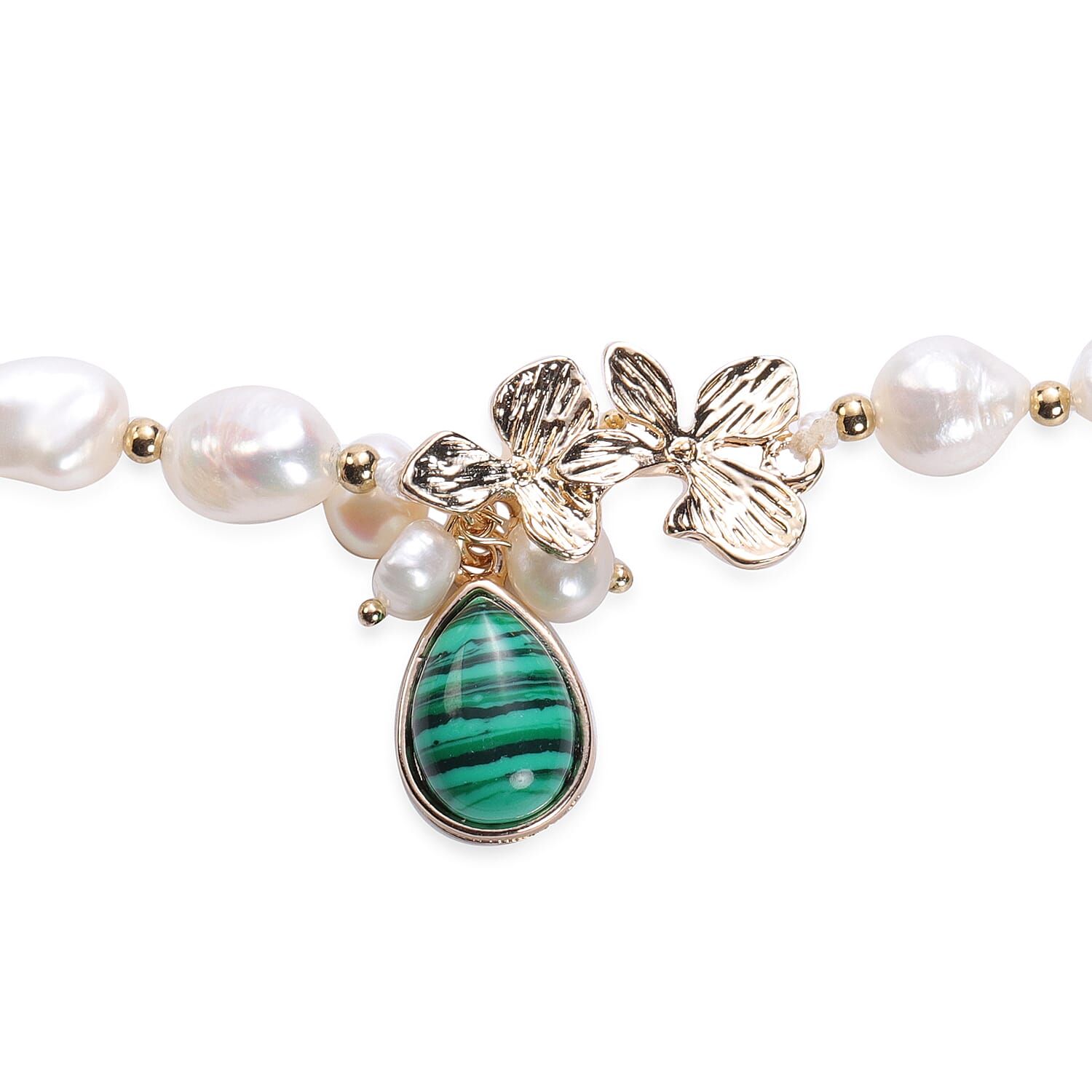 Malachite and White Freshwater Pearl Bracelet (Size 7.5 with 2 inch Extender) in Gold Tone