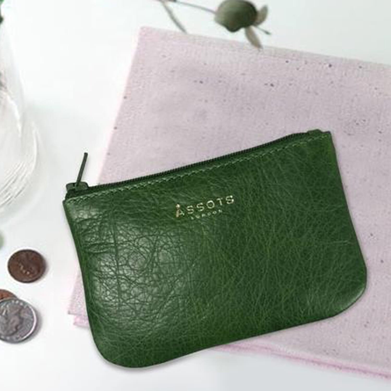 Assots London  Full Grain Leather Zip Top Coin Purse (Size 12x8cm) - Green