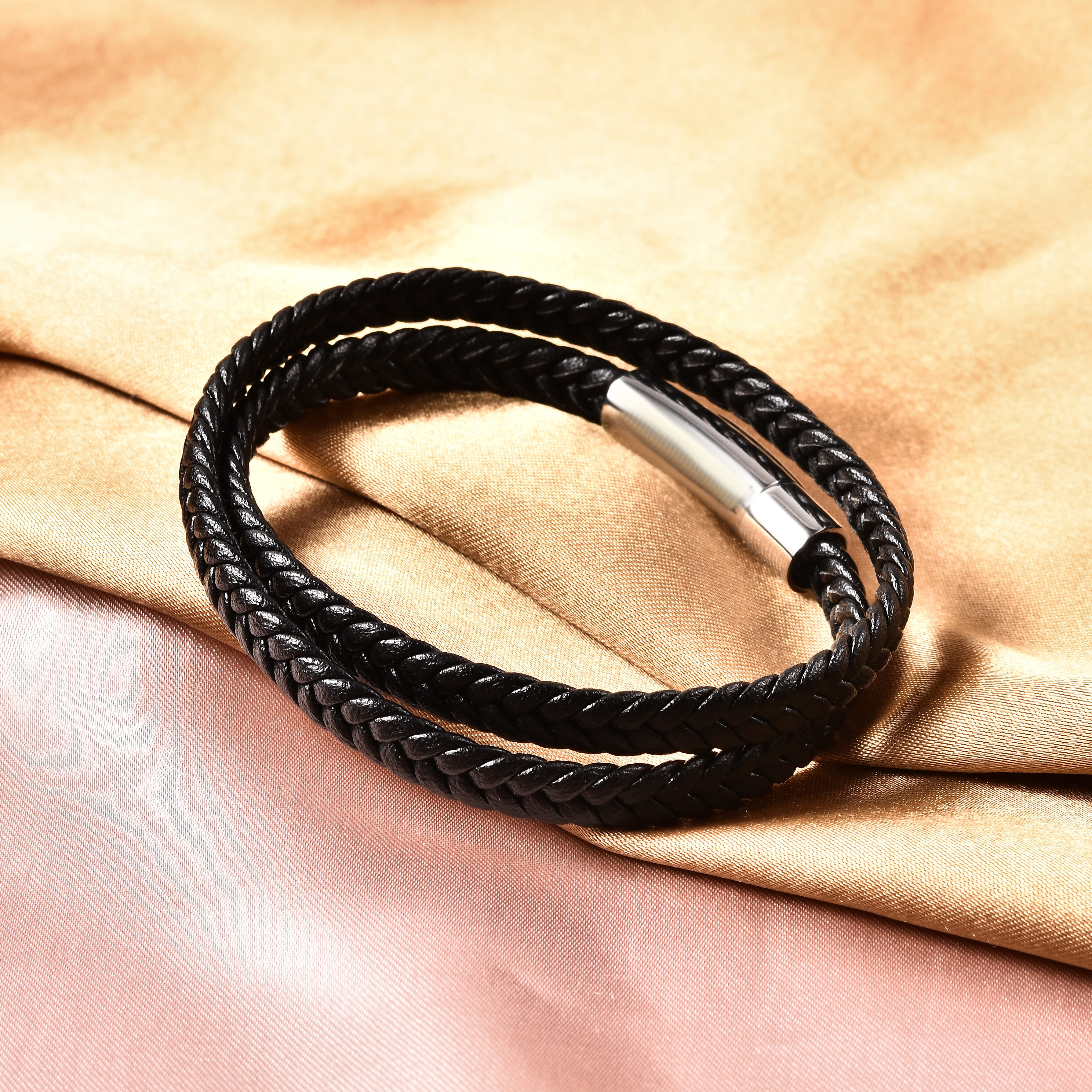 Braided Microfibre Leather Bracelet (Size 8) with Magnetic Lock in Stainless Steel