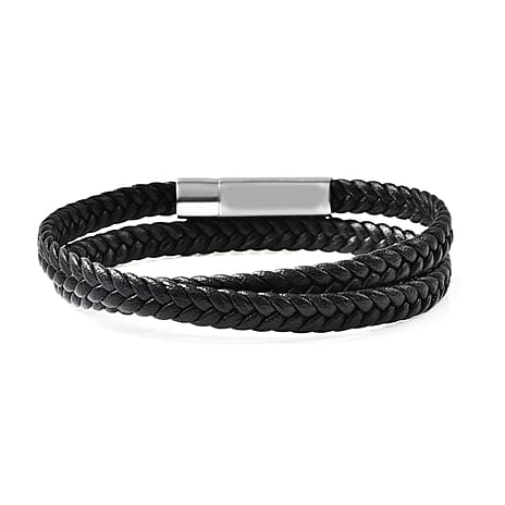 Braided Microfibre Leather Bracelet (Size 8) with Magnetic Lock in Stainless Steel