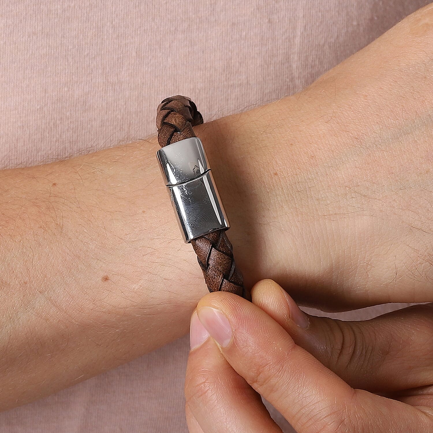 Braided Genuine Leather Bracelet (Size 8) with Magnetic Lock in Stainless Steel