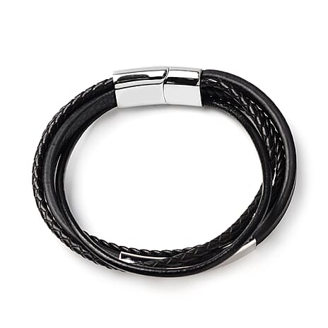 Braided Genuine Leather Bracelet (Size 8) with Magnetic Lock in White Tone
