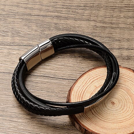 Braided Genuine Leather Bracelet (Size 8) with Magnetic Lock in White Tone