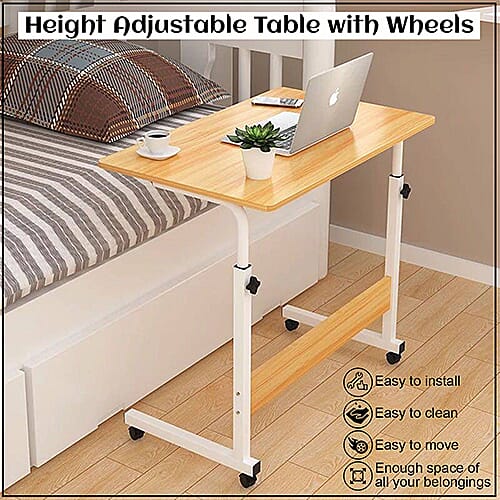 Movable and Adjustable Height Table with Wheels in Wood Colour