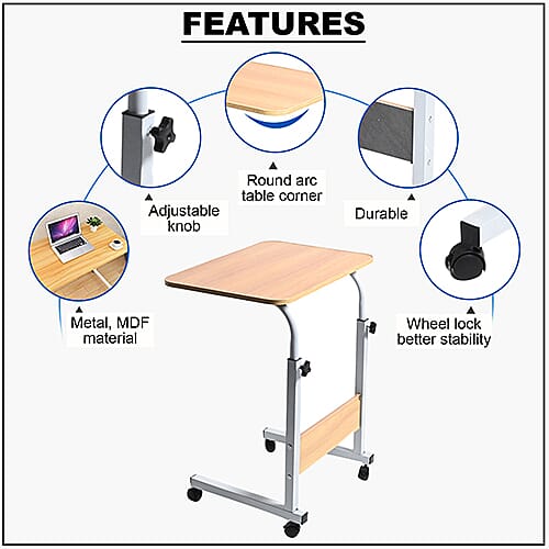 Movable and Adjustable Height Table with Wheels in Wood Colour