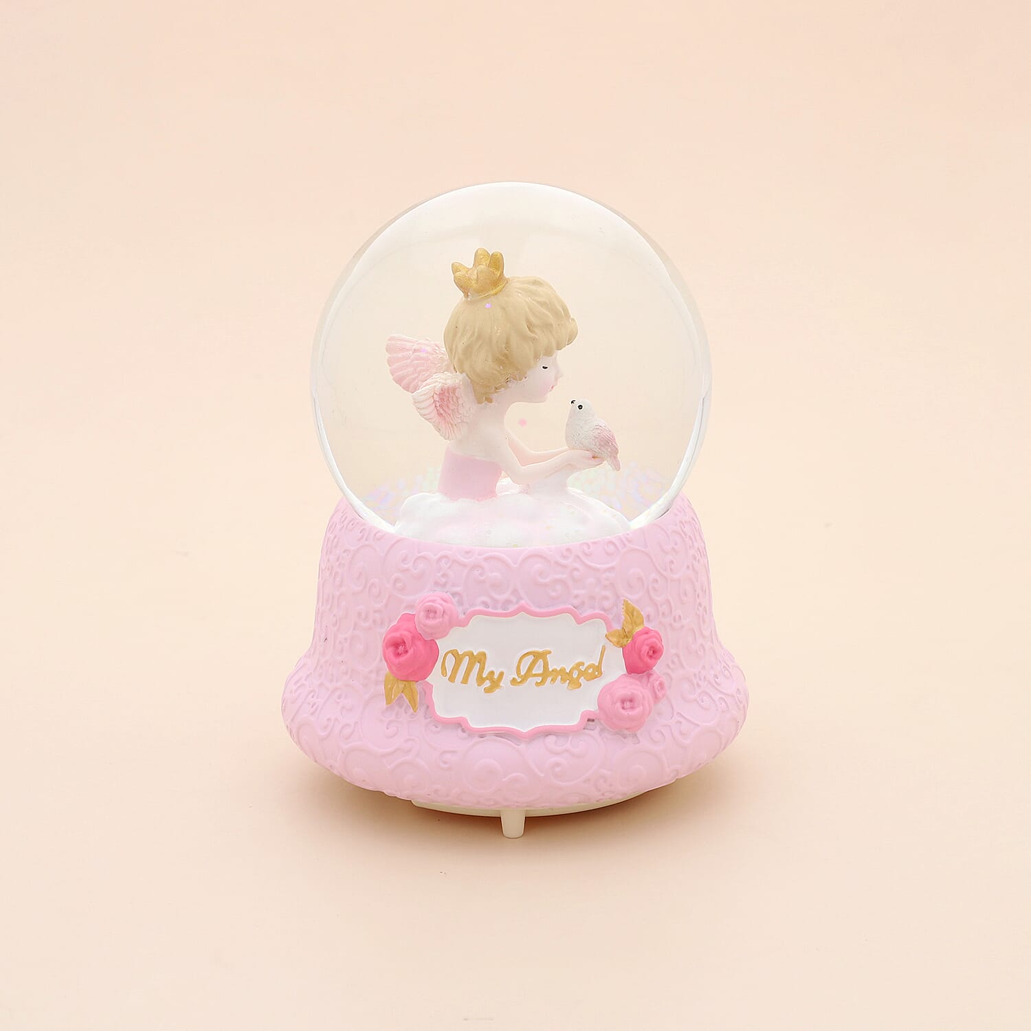 LED Colour Changing Musical Glass Water Globe with Glitter -Angel and Dove (Size 15)