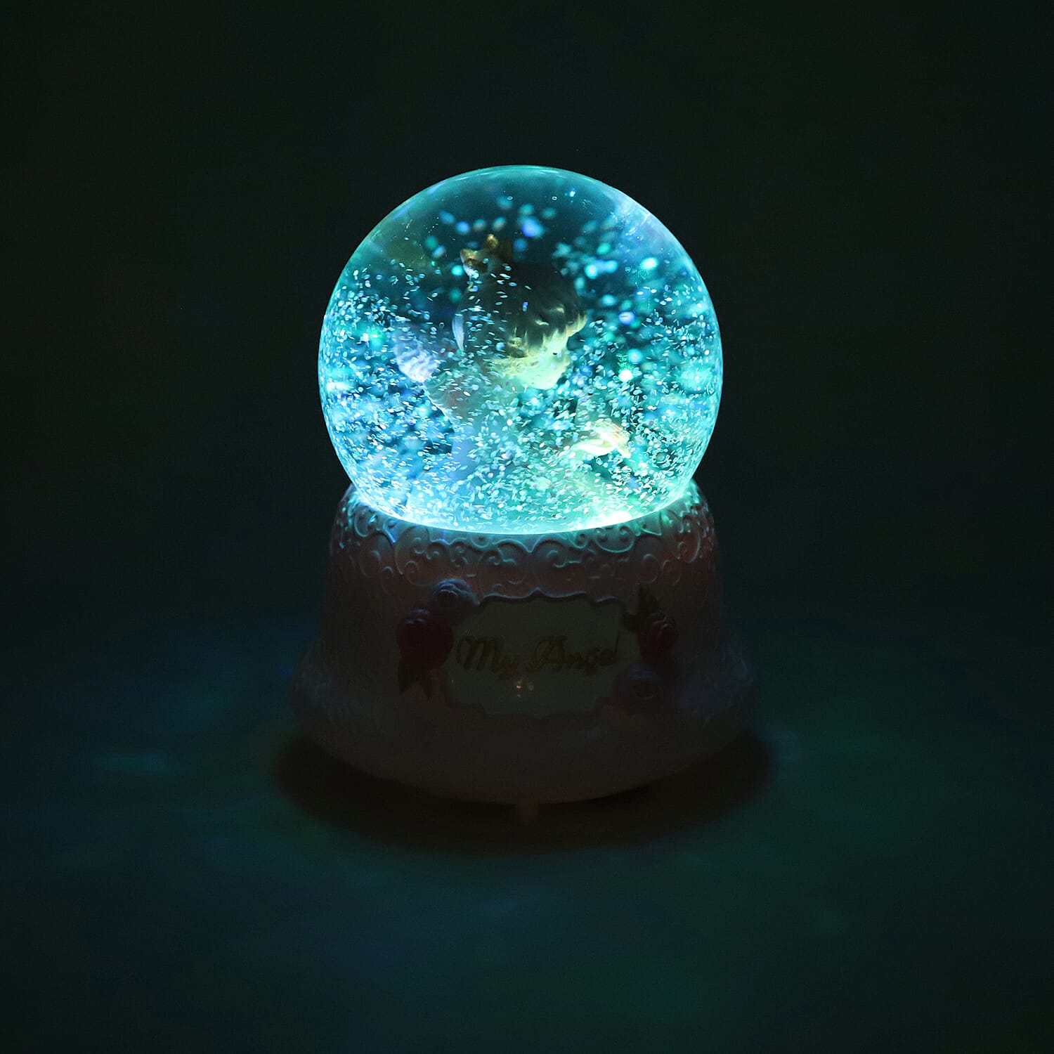 LED Colour Changing Musical Glass Water Globe with Glitter -Angel and Dove (Size 15)