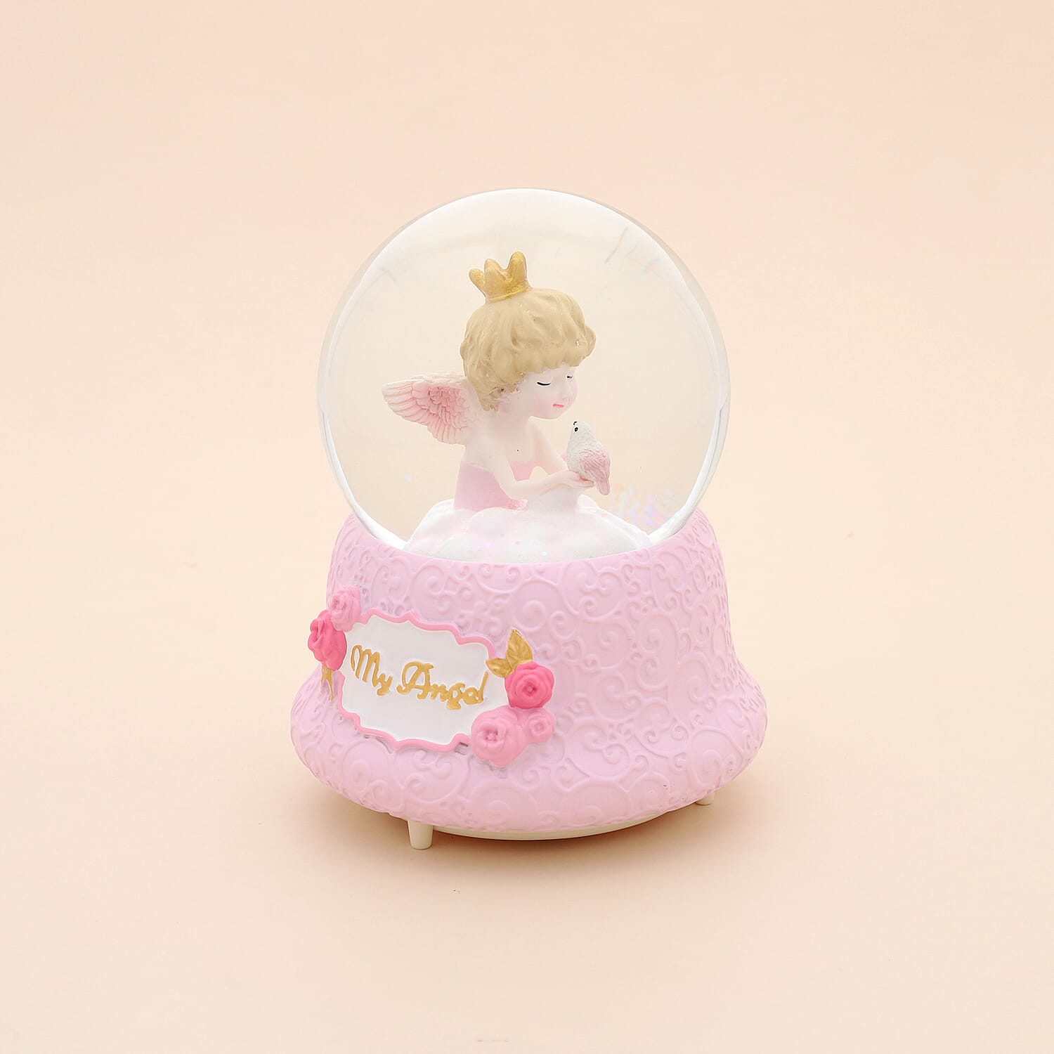 LED Colour Changing Musical Glass Water Globe with Glitter -Angel and Dove (Size 15)