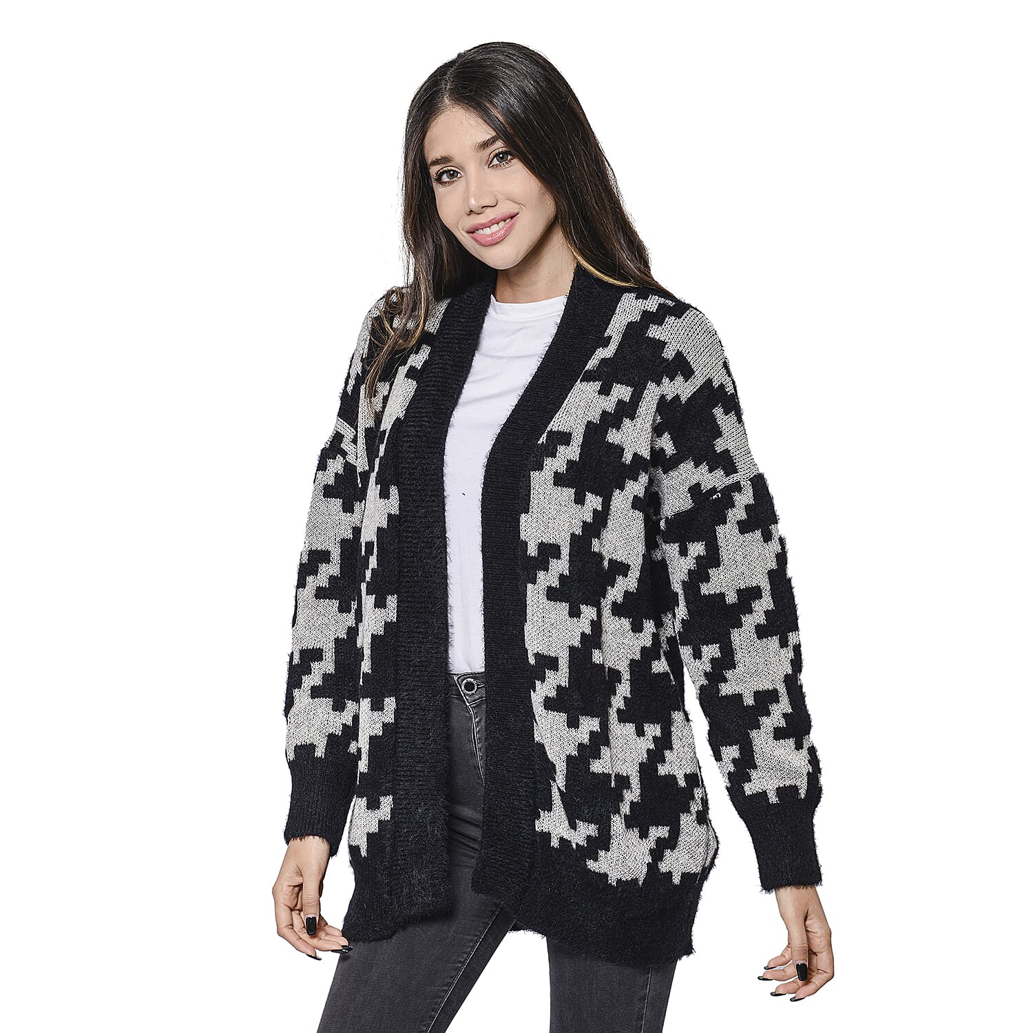 LA MAREY Houndstooth Pattern Black and White Cardigan (Size Up to 18)