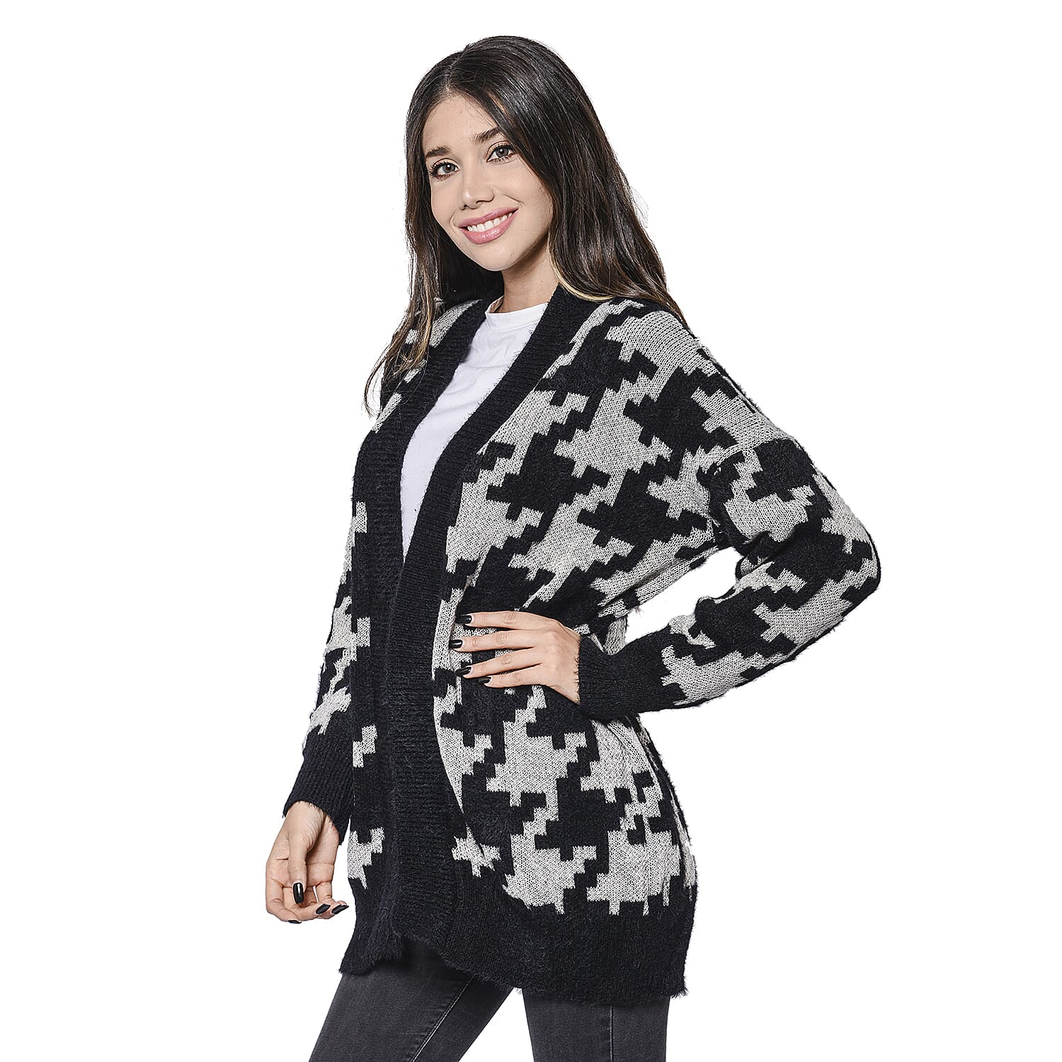 LA MAREY Houndstooth Pattern Black and White Cardigan (Size Up to 18)