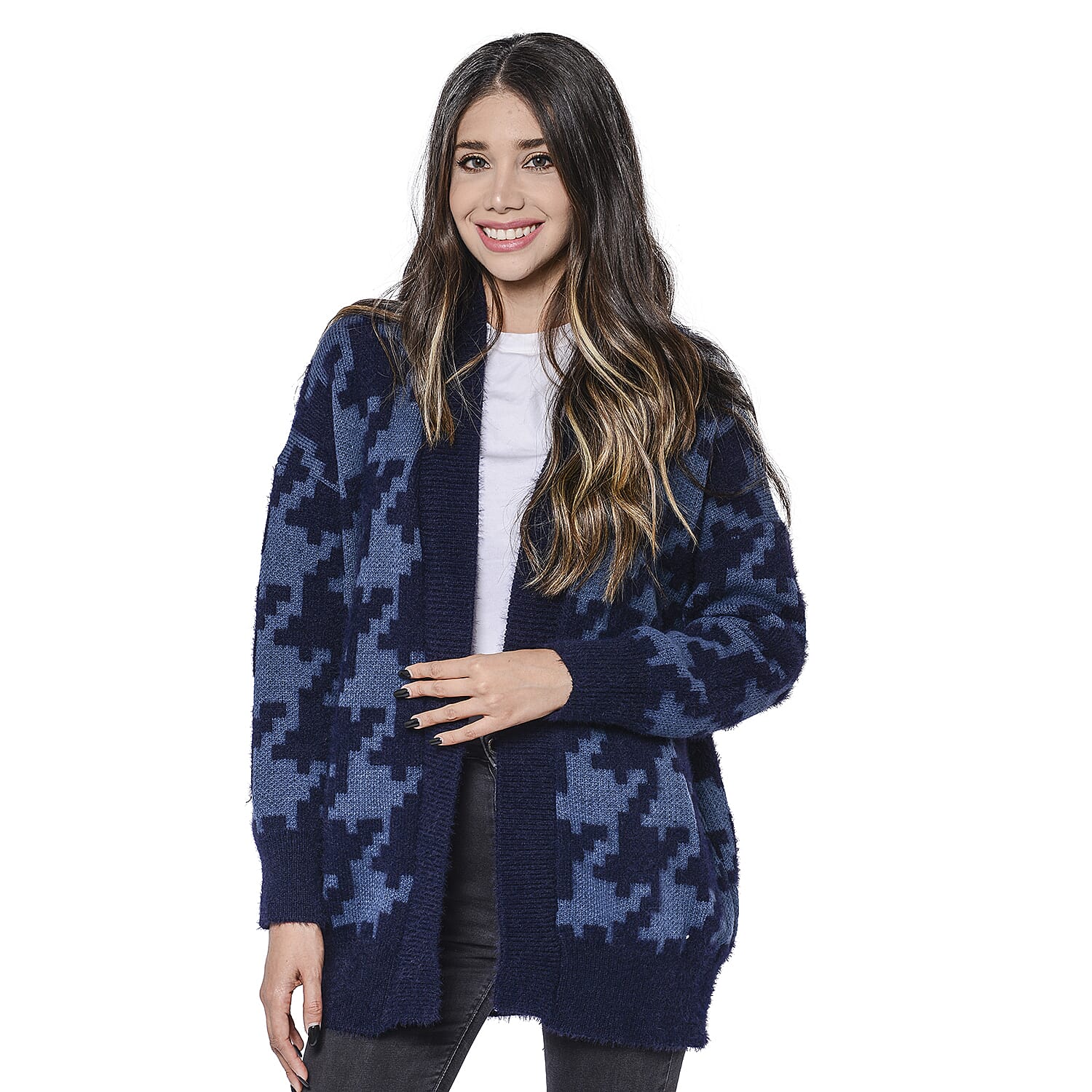 LA MAREY Houndstooth Pattern Blue Cardigan (Size Upto 18)