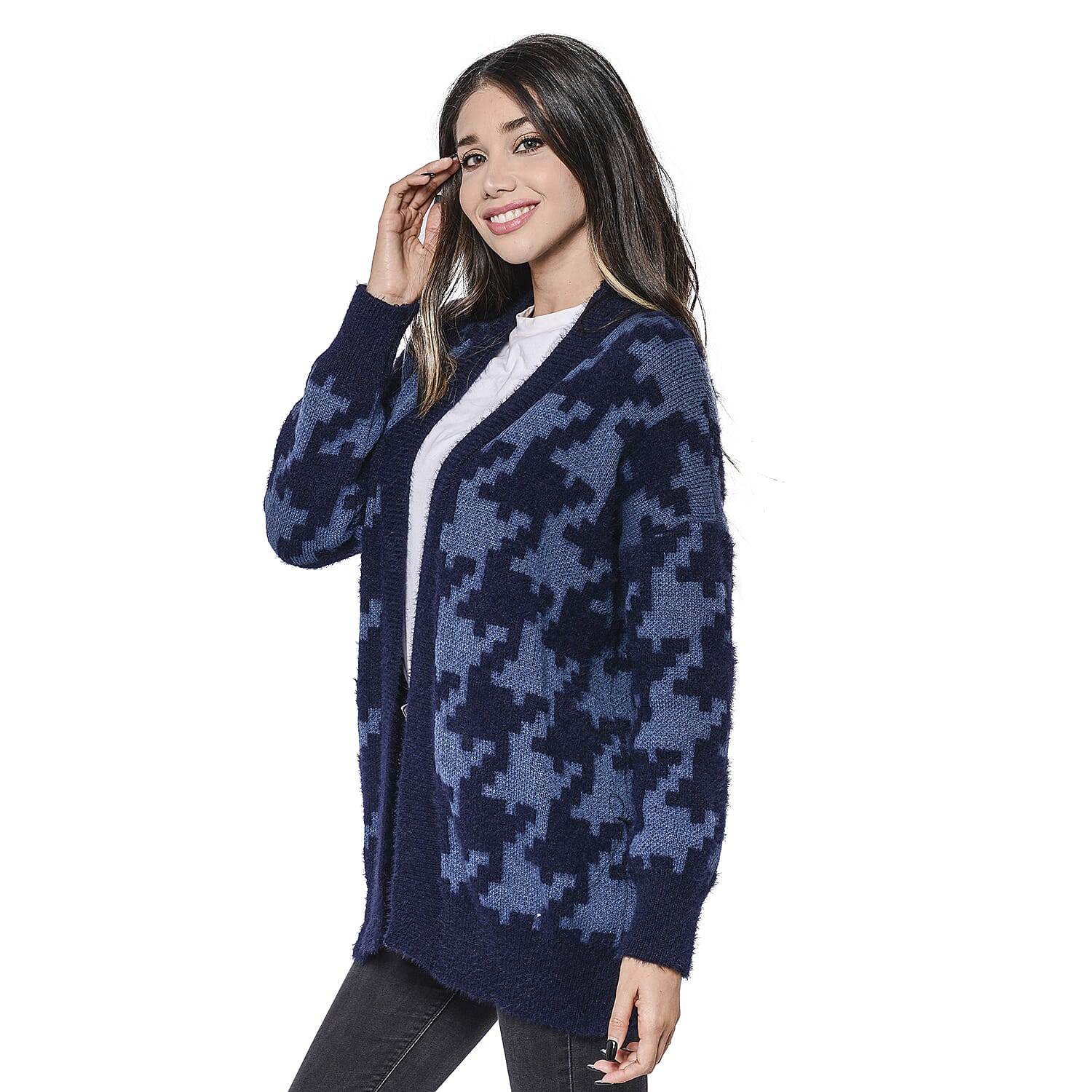 LA MAREY Houndstooth Pattern Blue Cardigan (Size Upto 18)