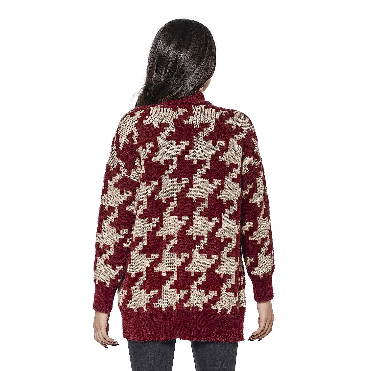 LA MAREY Houndstooth Pattern Red and Beige Cardigan (Size Upto 18)