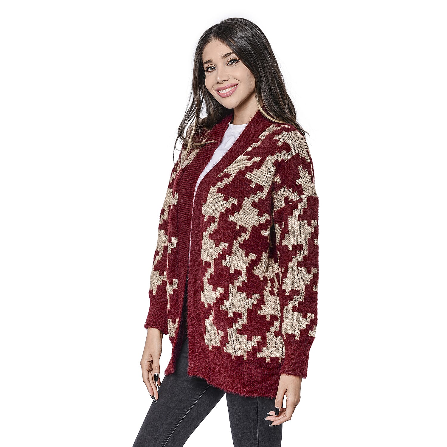 LA MAREY Houndstooth Pattern Red and Beige Cardigan (Size Upto 18)