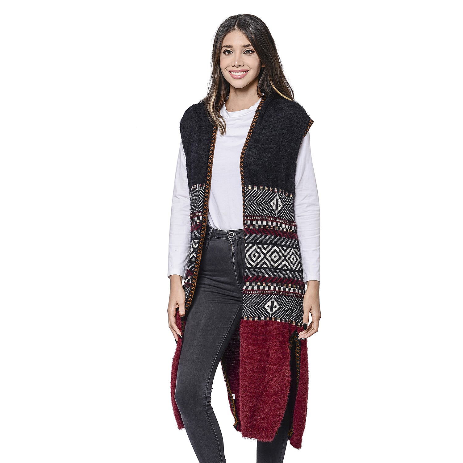 LA MAREY Red Tribal Pattern Long Hooded Vest Cardigan (Size upto 22)