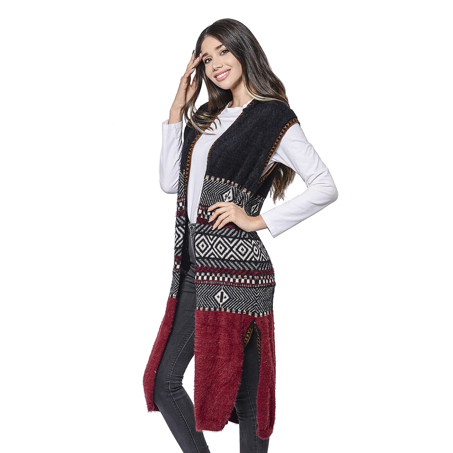 LA MAREY Red Tribal Pattern Long Hooded Vest Cardigan (Size upto 22)