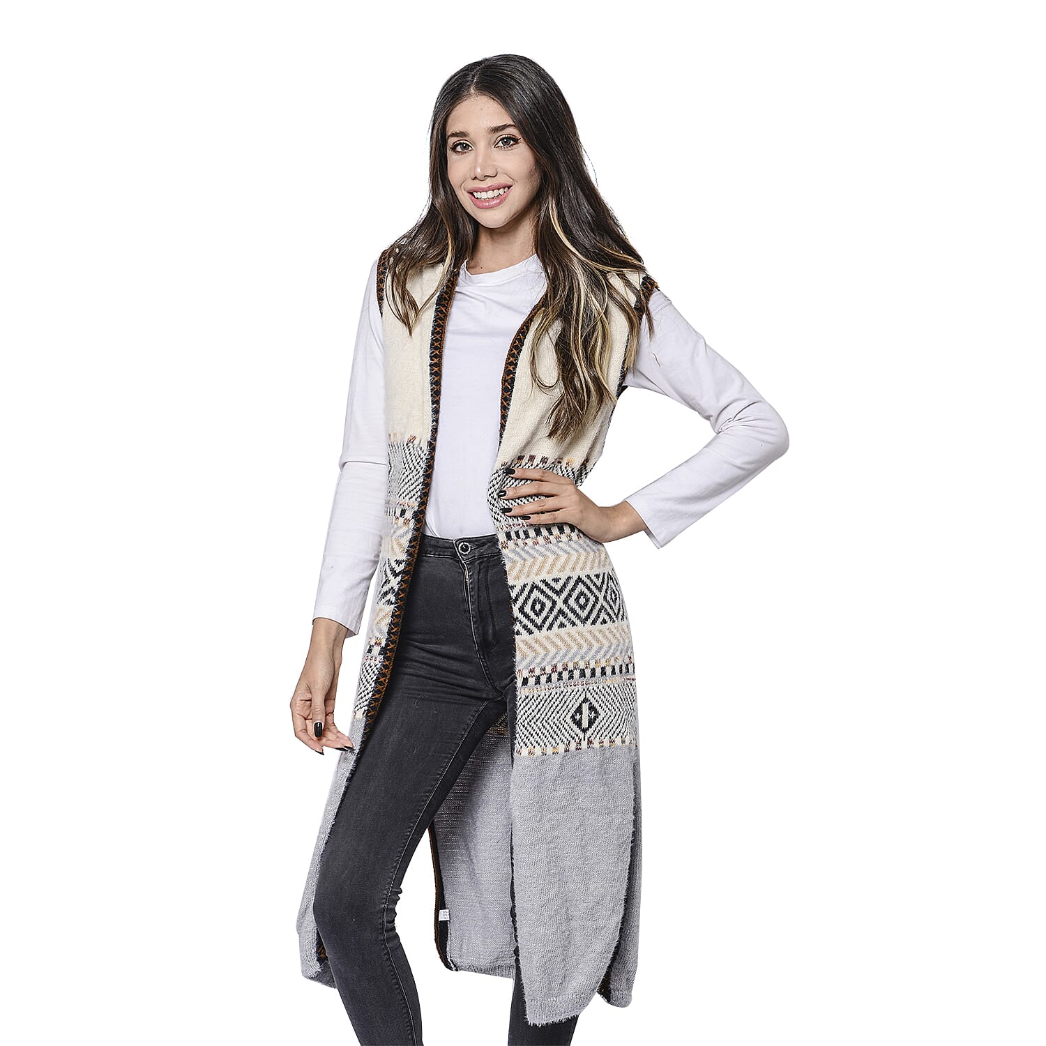 LA MAREY Red Tribal Pattern Long Hooded Vest Cardigan (Size upto 22)