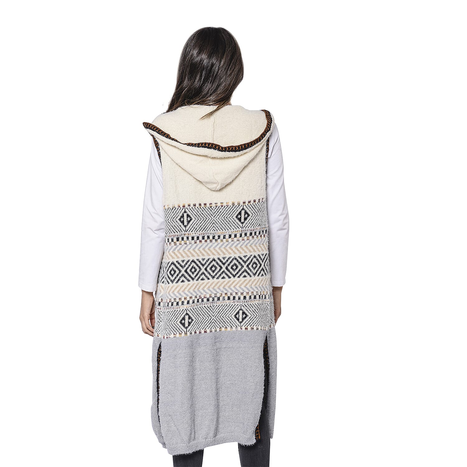 LA MAREY Red Tribal Pattern Long Hooded Vest Cardigan (Size upto 22)