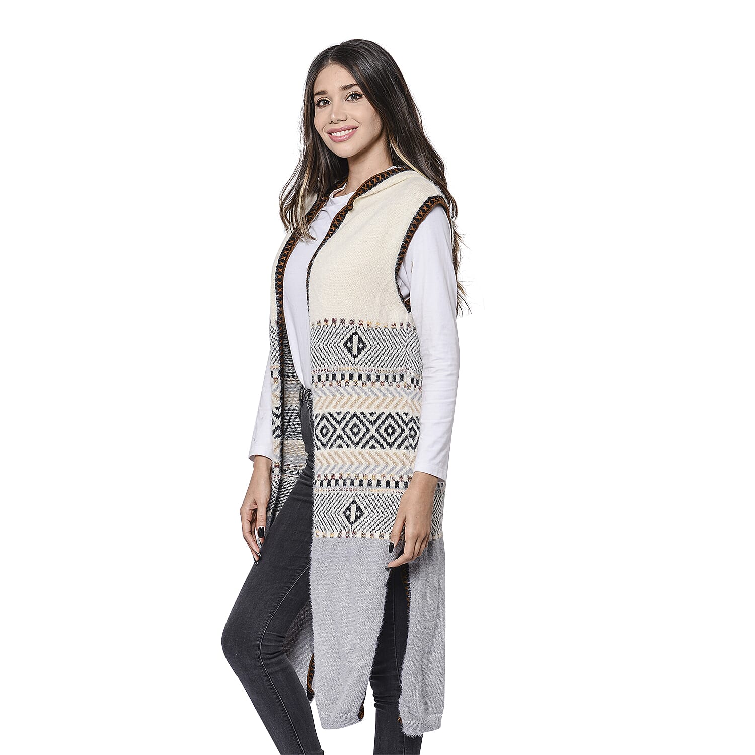 LA MAREY Red Tribal Pattern Long Hooded Vest Cardigan (Size upto 22)