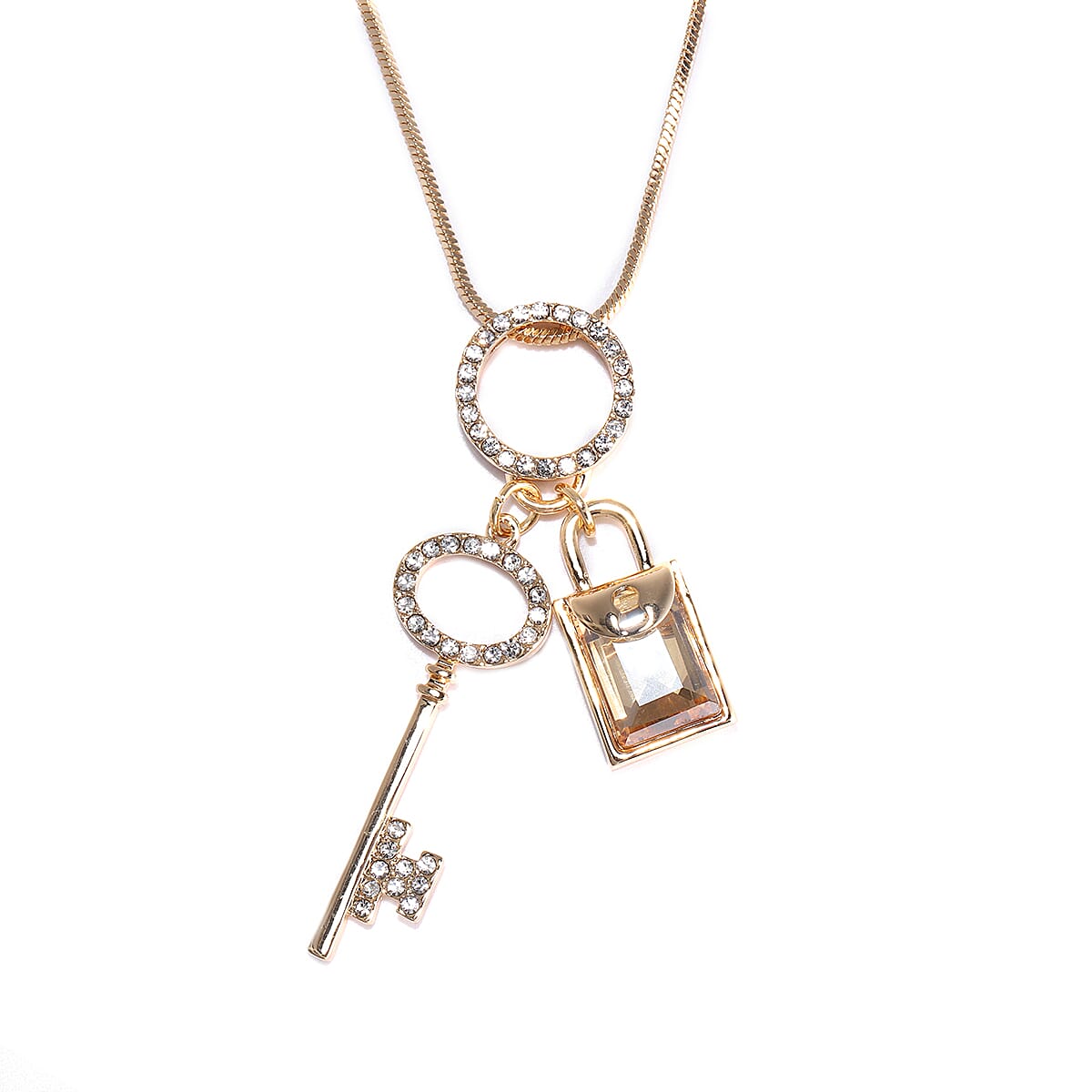 Simulated Champagne and White Austrian Crystal Key, Lock Pendant with Chain (Size 29 with 3 inch Extender) in Yellow Gold Tone
