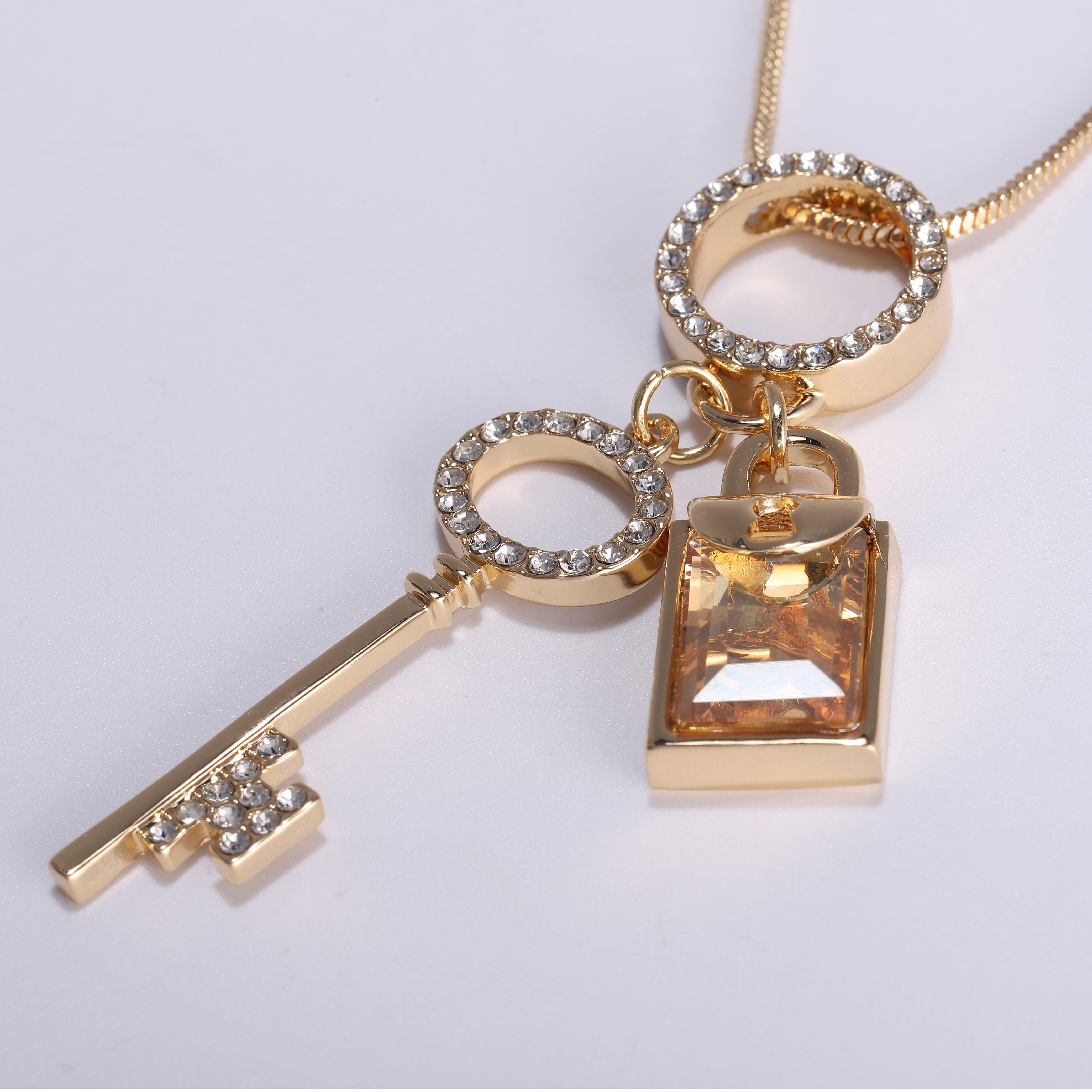 Simulated Champagne and White Austrian Crystal Key, Lock Pendant with Chain (Size 29 with 3 inch Extender) in Yellow Gold Tone