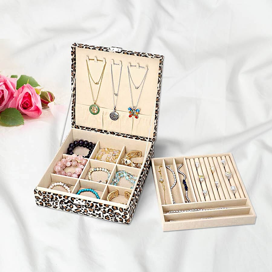 Two-Tier Brown Leopard Pattern Jewellery Box with Anti-Tarnish Lining