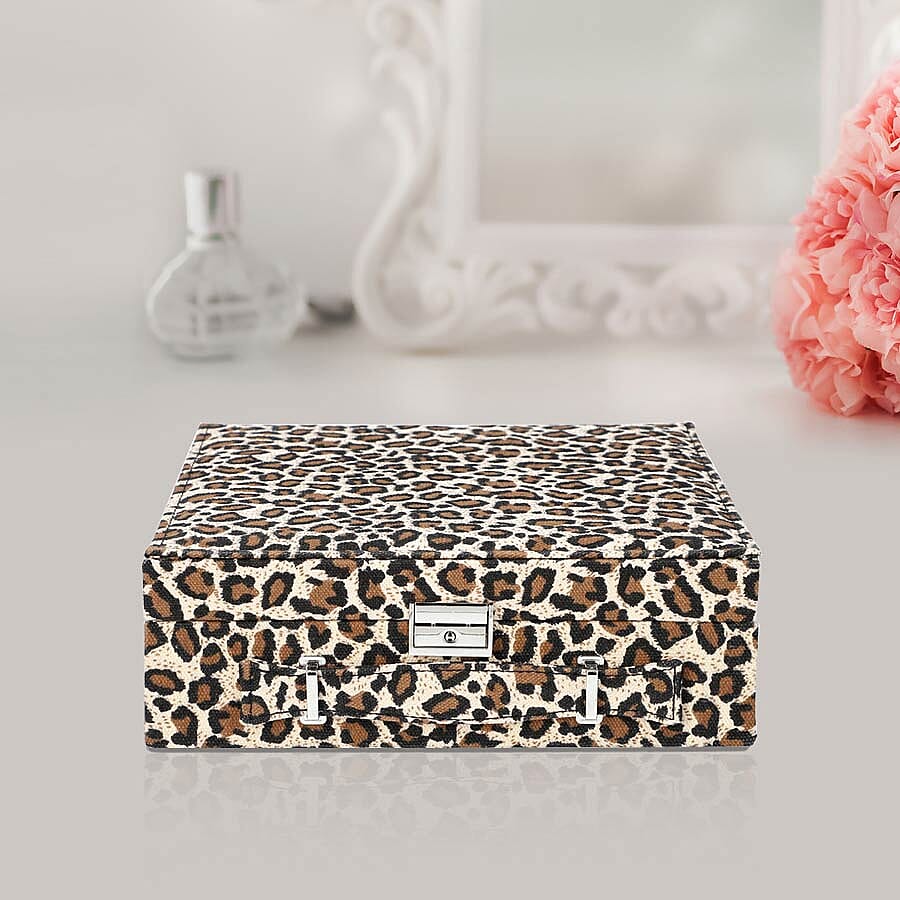 Two-Tier Brown Leopard Pattern Jewellery Box with Anti-Tarnish Lining
