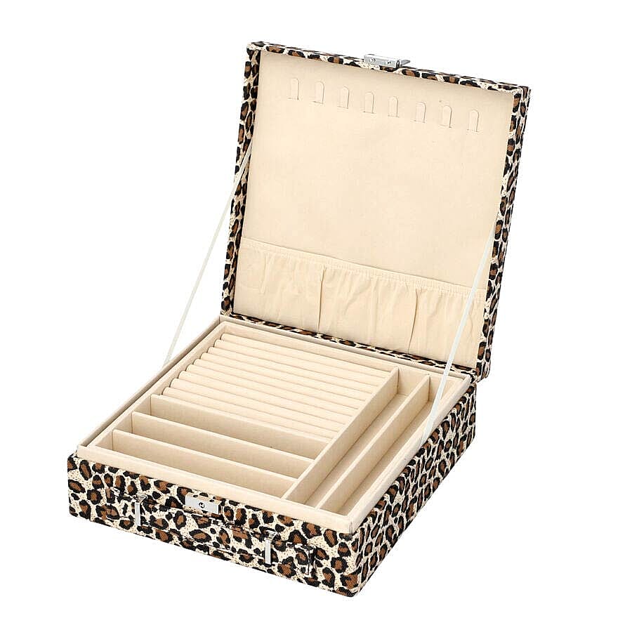 Two-Tier Brown Leopard Pattern Jewellery Box with Anti-Tarnish Lining