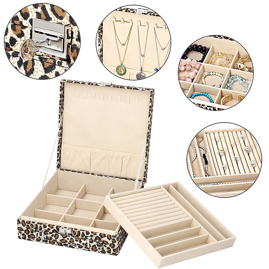 Two-Tier Brown Leopard Pattern Jewellery Box with Anti-Tarnish Lining