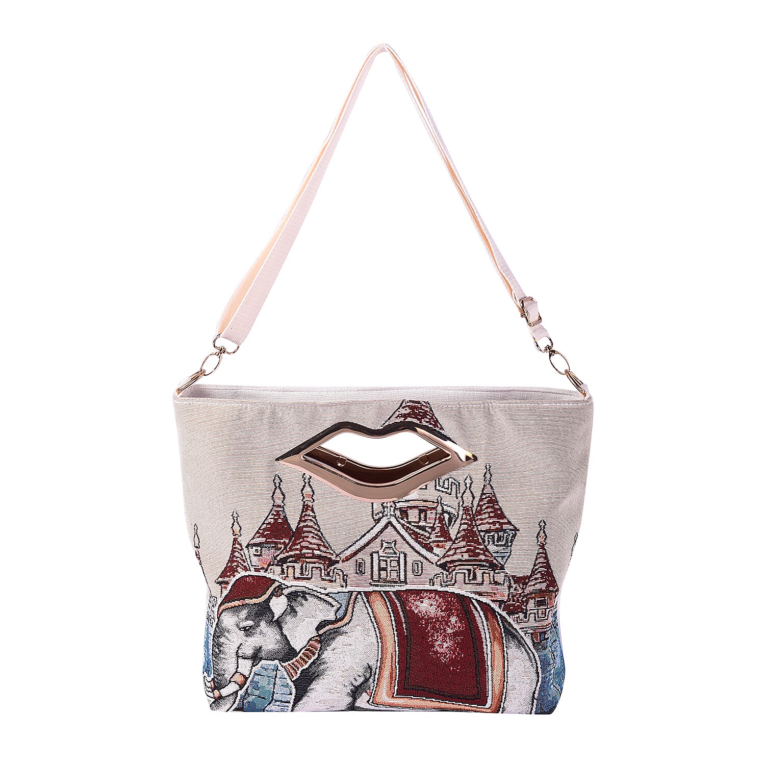 Elephant Jacquard Pattern Crossbody Bag with Metallic Lip-Shaped Top Handles in Beige