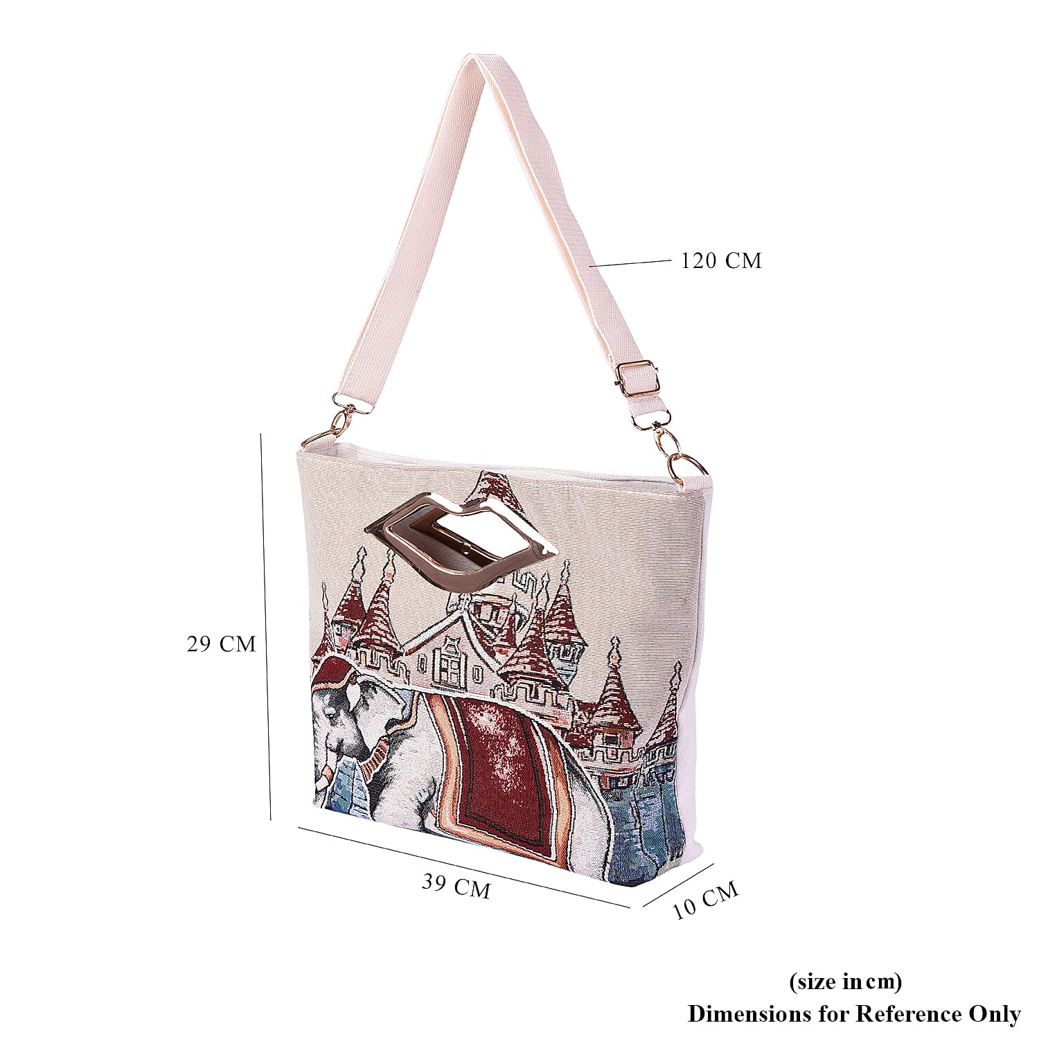 Elephant Jacquard Pattern Crossbody Bag with Metallic Lip-Shaped Top Handles in Beige