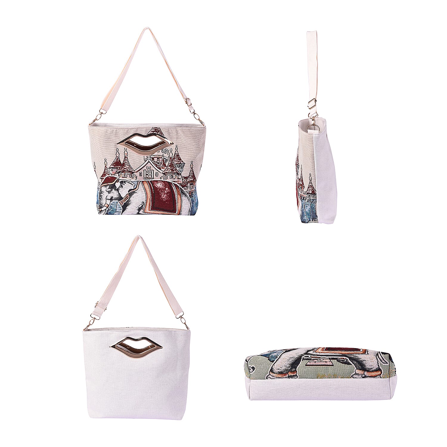 Elephant Jacquard Pattern Crossbody Bag with Metallic Lip-Shaped Top Handles in Beige