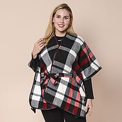 LA MAREY White, Black and Red Plaid Pattern Kimono with Faux Leather Belt (103x83cm)