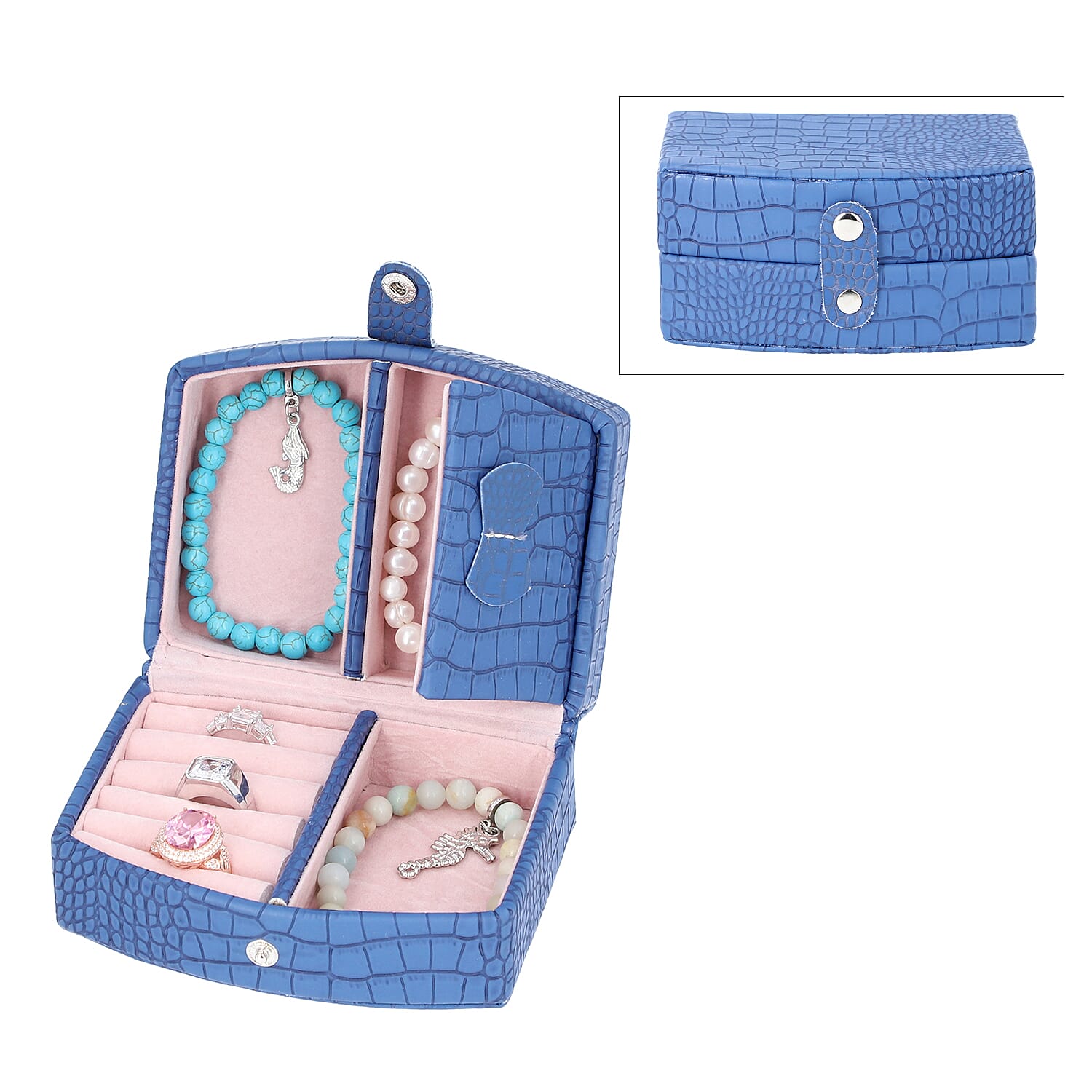 Royal Blue Croc Embossed Pattern Jewellery Box with Button Clasp Lock (12x9x6.1cm)