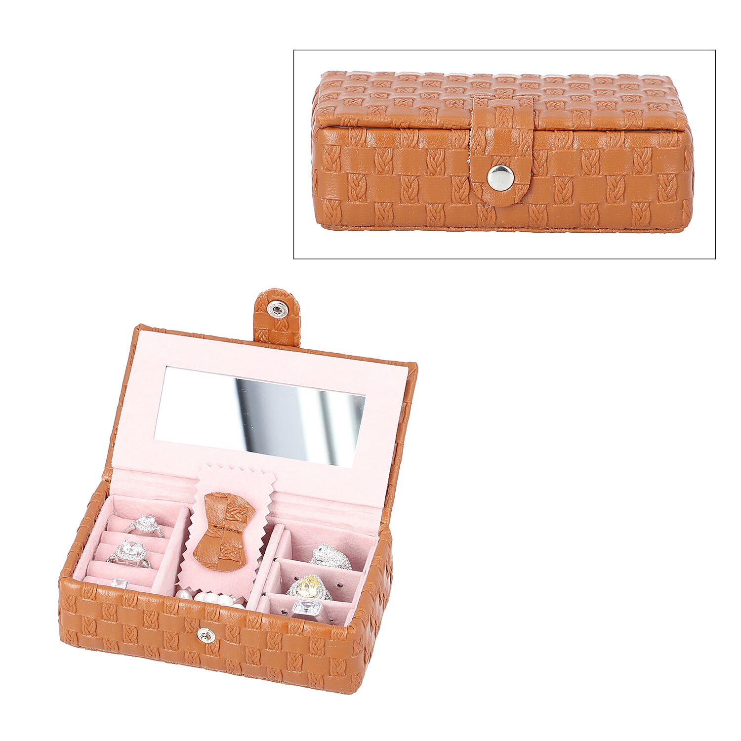 Brown Woven Pattern Jewellery Box with Mirror and Button Clasp Lock (14x8x4.2cm)