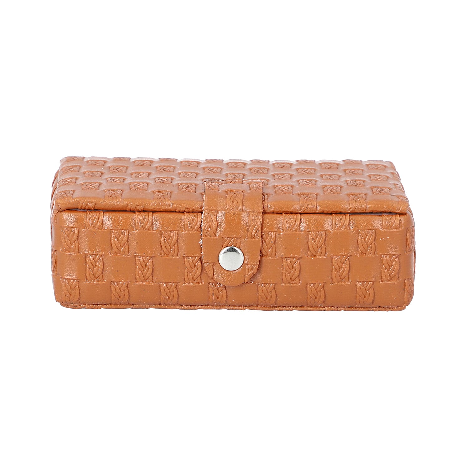 Brown Woven Pattern Jewellery Box with Mirror and Button Clasp Lock (14x8x4.2cm)