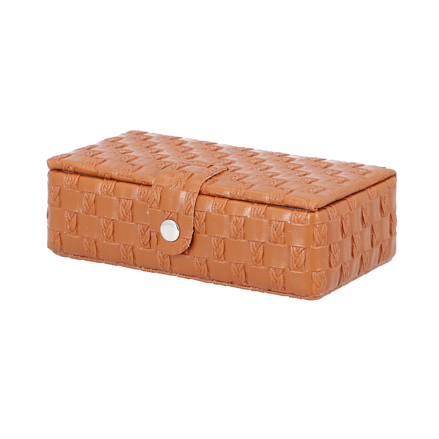 Brown Woven Pattern Jewellery Box with Mirror and Button Clasp Lock (14x8x4.2cm)