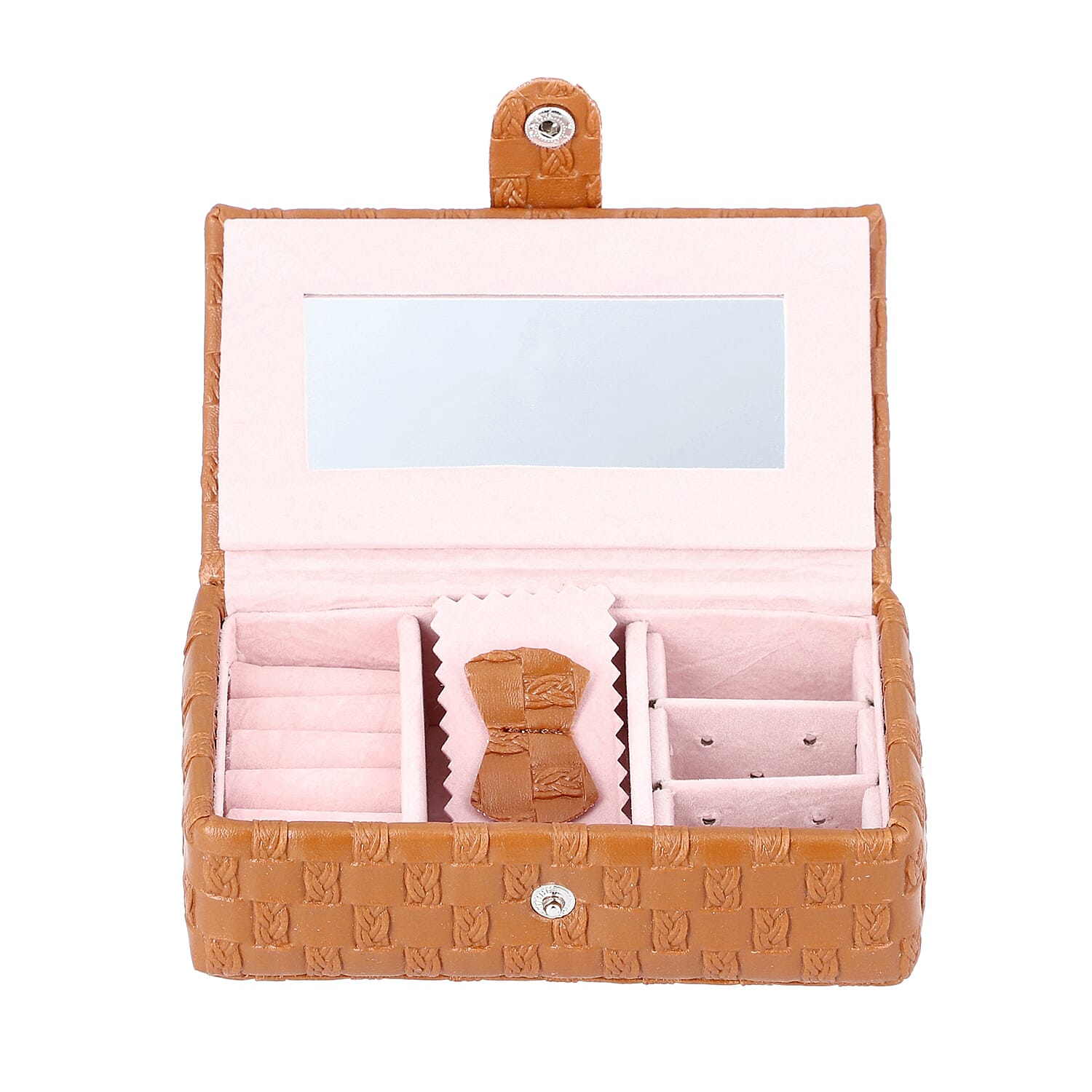 Brown Woven Pattern Jewellery Box with Mirror and Button Clasp Lock (14x8x4.2cm)