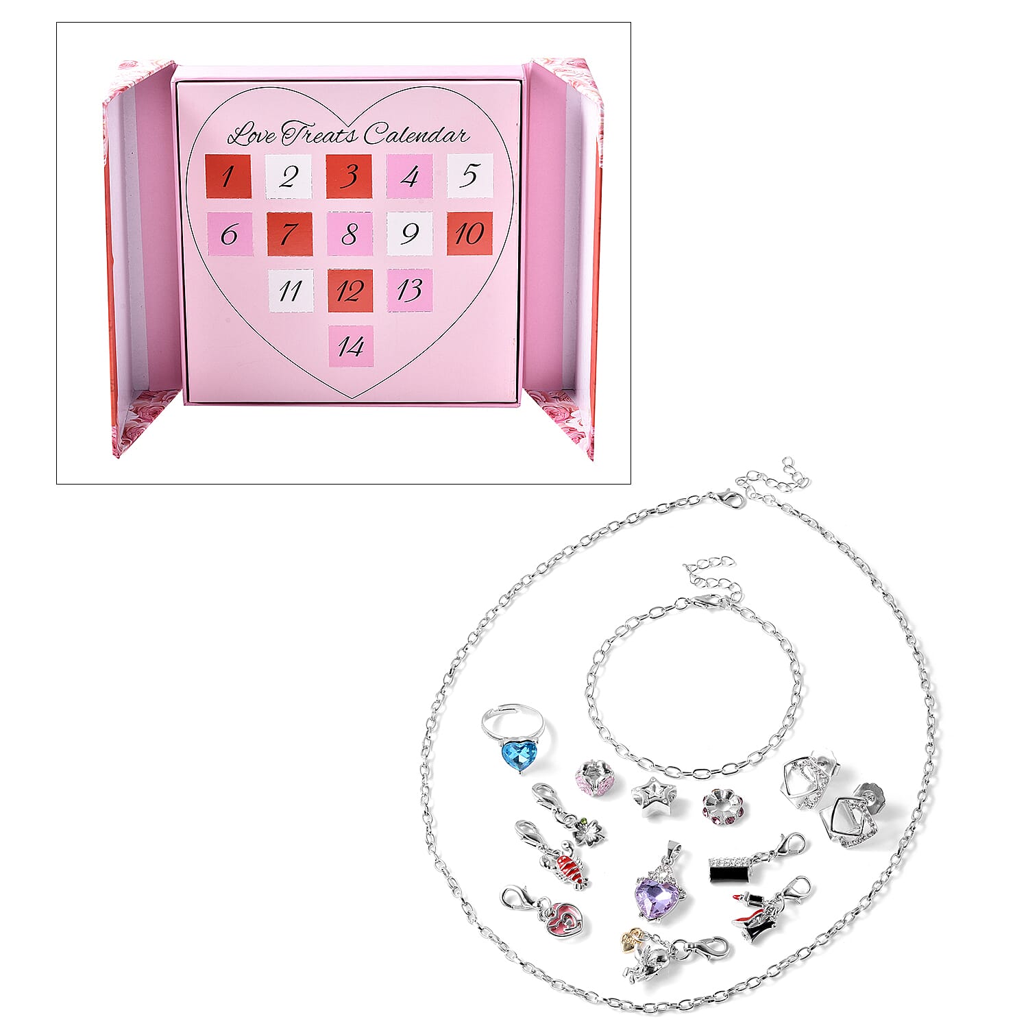 14 Piece Jewellery Set with 6 Charms, 3 Beads, 1 Ring, Earrings, Necklace, Bracelet and Pendant