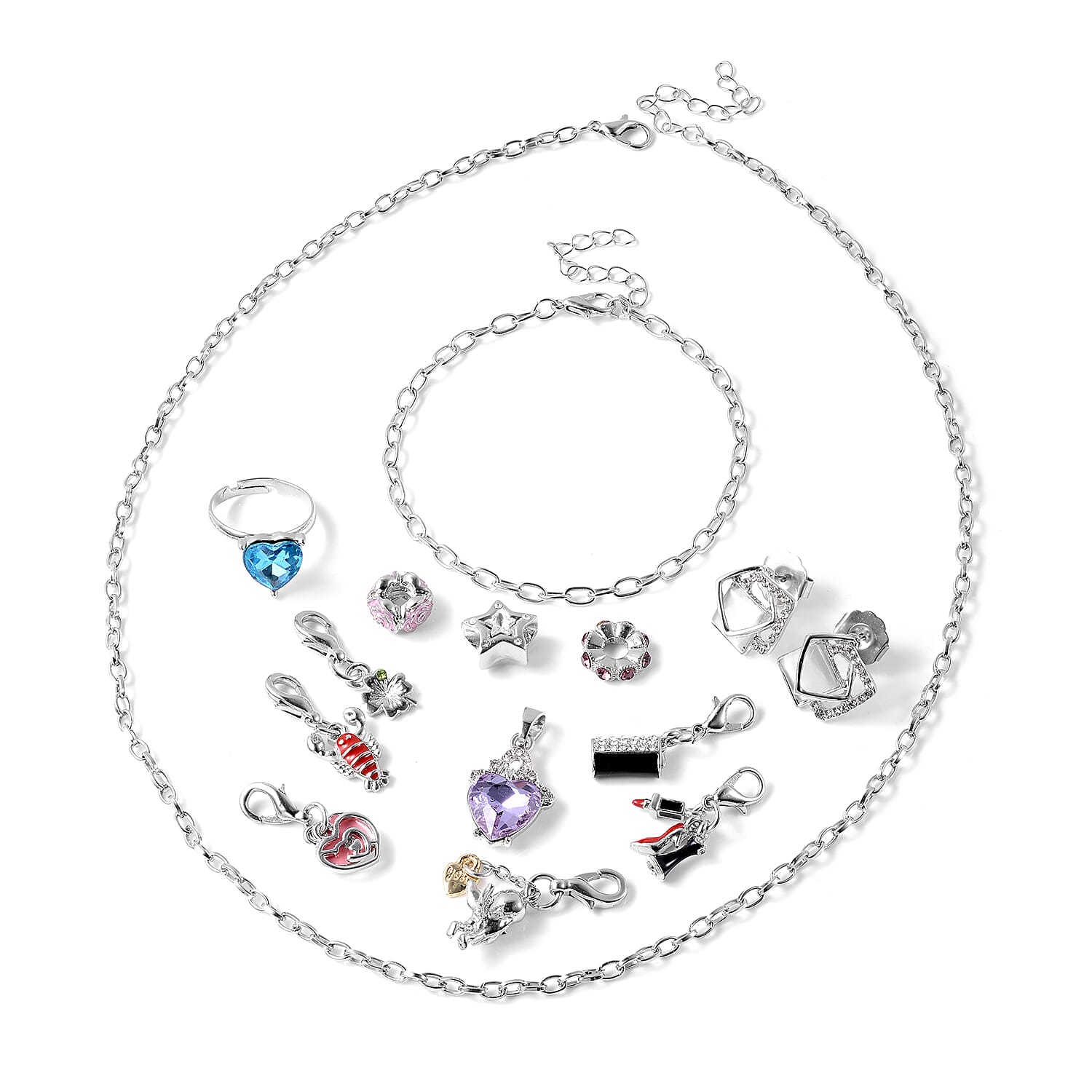 14 Piece Jewellery Set with 6 Charms, 3 Beads, 1 Ring, Earrings, Necklace, Bracelet and Pendant
