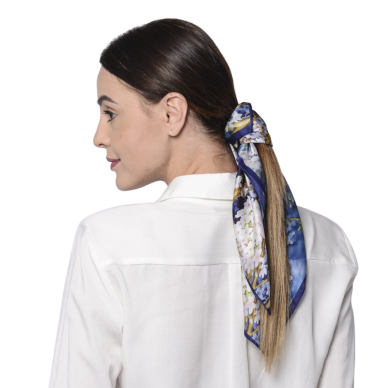 LA MAREY Pure 100% Mulberry Silk Scarf with Velvet Drawstring Pouch in Cherry Blossom Print  - Blue (Size 52x52cm)