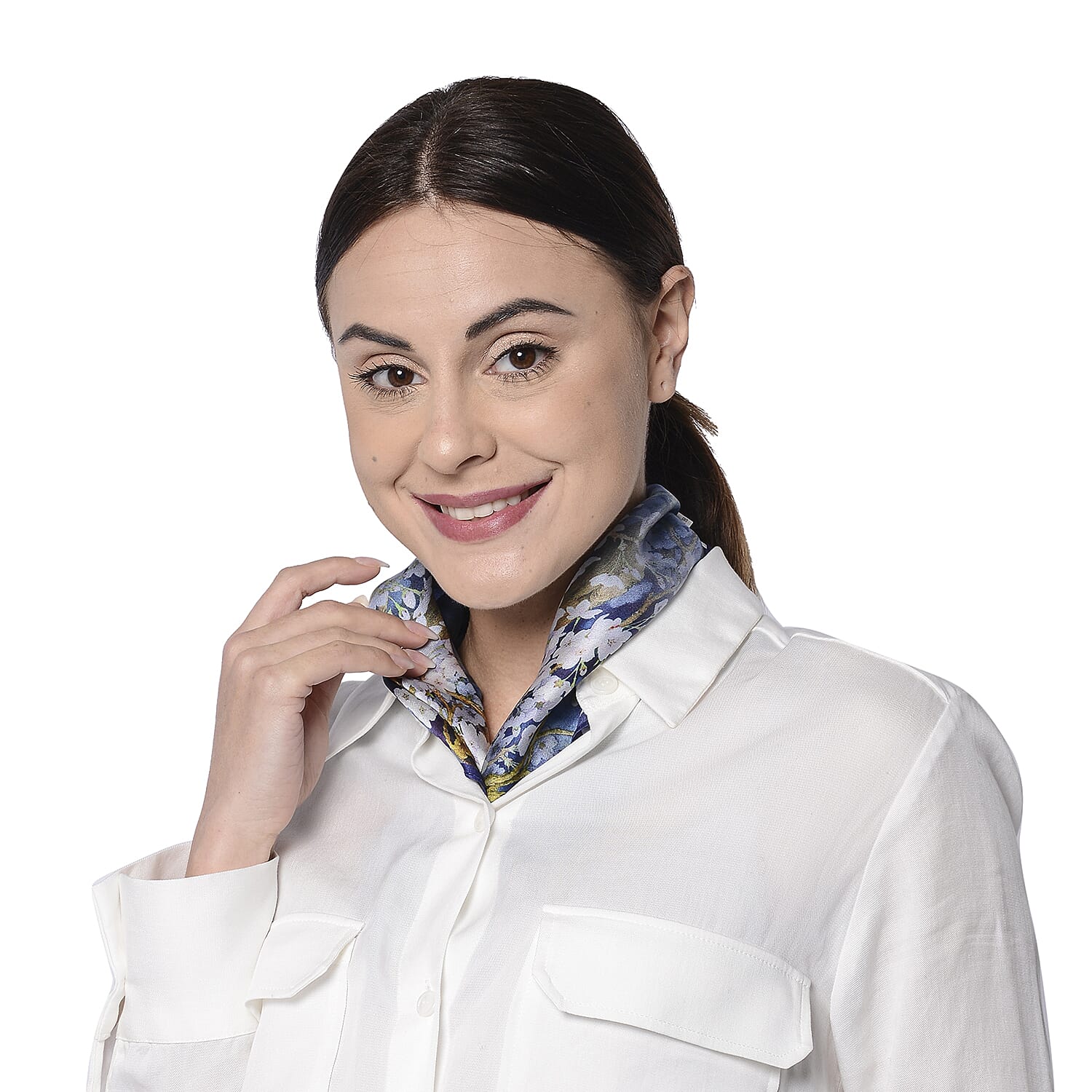 LA MAREY Pure 100% Mulberry Silk Scarf with Velvet Drawstring Pouch in Cherry Blossom Print  - Blue (Size 52x52cm)