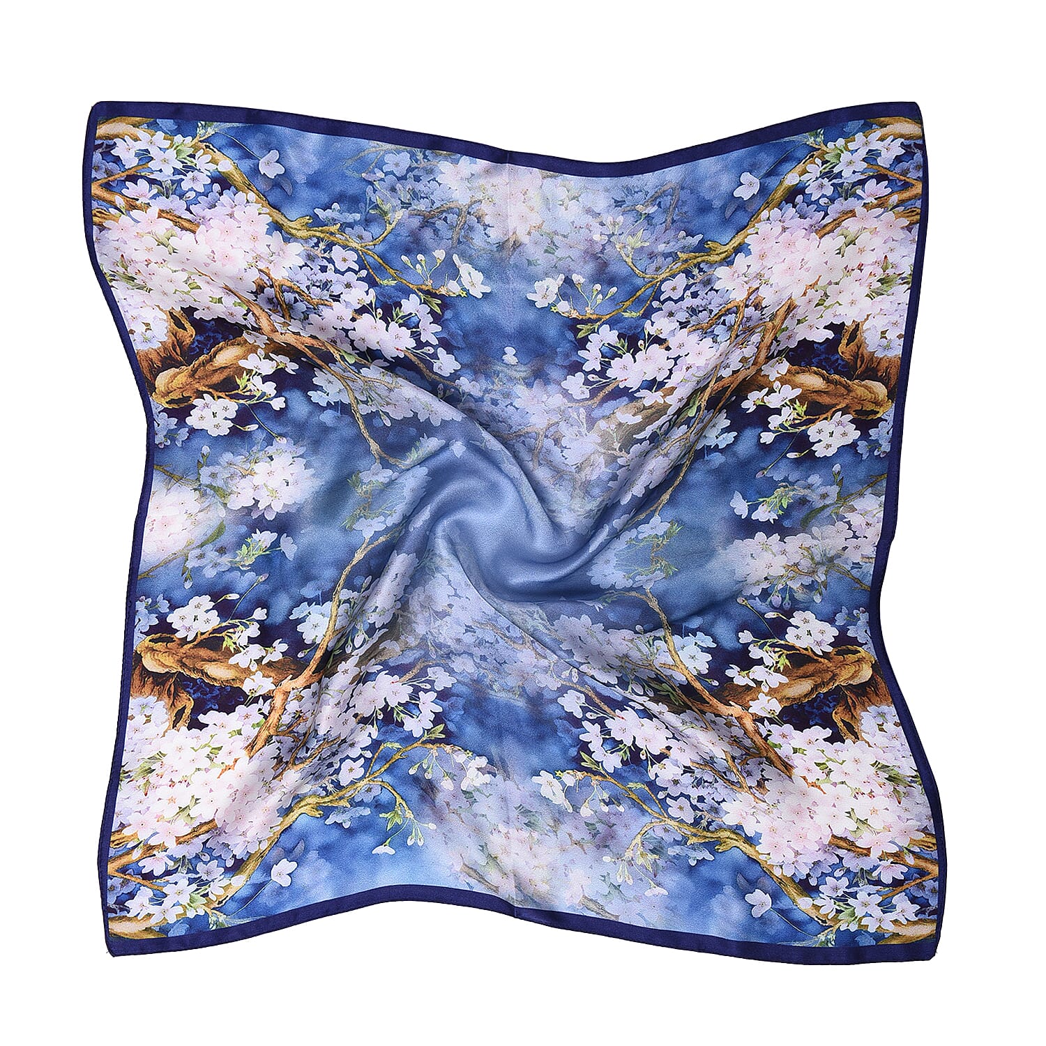 LA MAREY Pure 100% Mulberry Silk Scarf with Velvet Drawstring Pouch in Cherry Blossom Print  - Blue (Size 52x52cm)