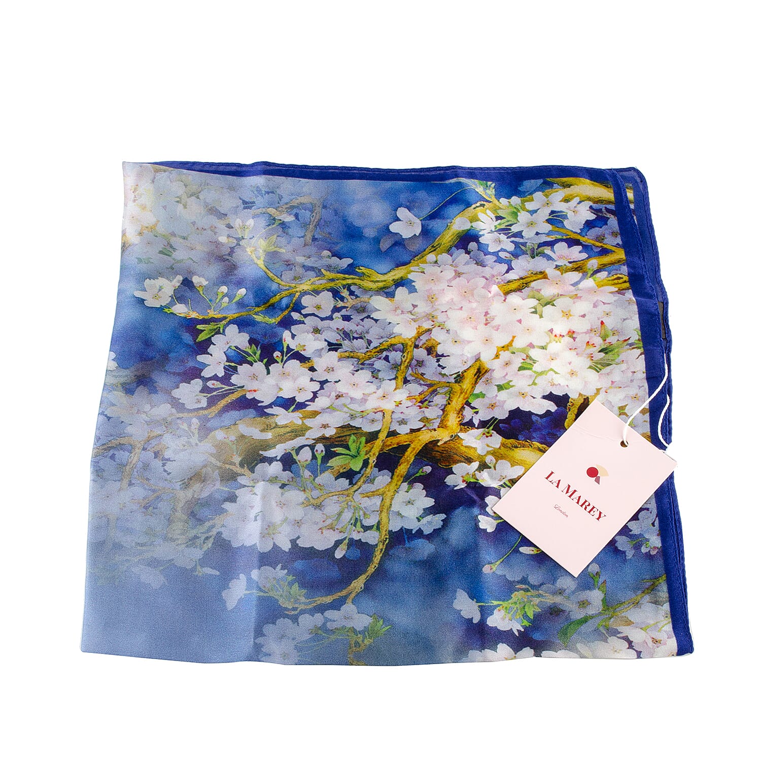 LA MAREY Pure 100% Mulberry Silk Scarf with Velvet Drawstring Pouch in Cherry Blossom Print  - Blue (Size 52x52cm)