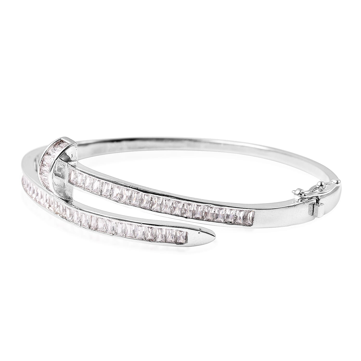 Simulated Diamond Nail Bangle (Size 7) in White Gold Tone