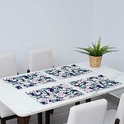 Set of 4 - Waterproof Floral Pattern Kitchen Placemat (Size:41x29Cm) - Navy and Multi