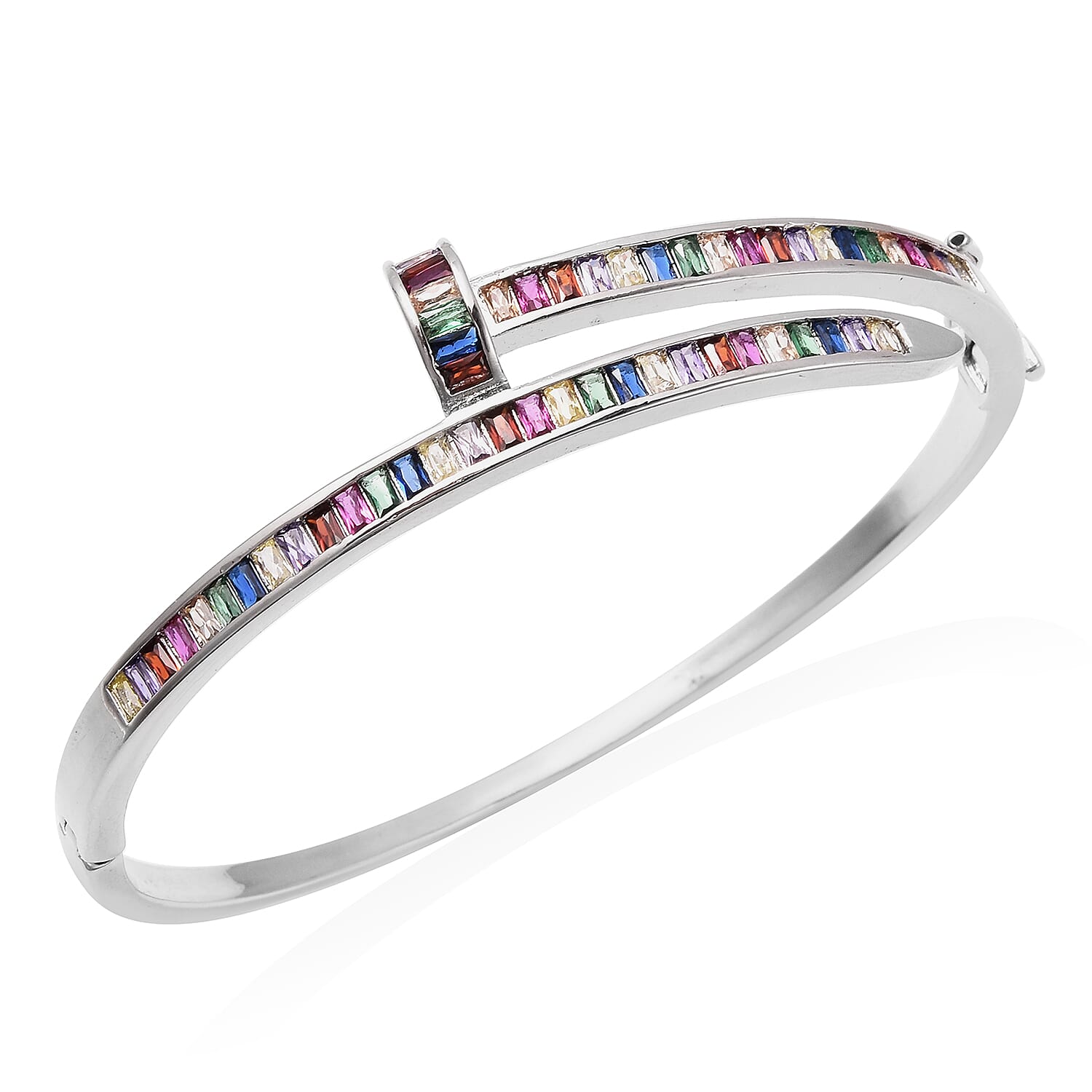 Simulated Rainbow Sapphire Nail Bangle (Size 7) in White Gold Tone