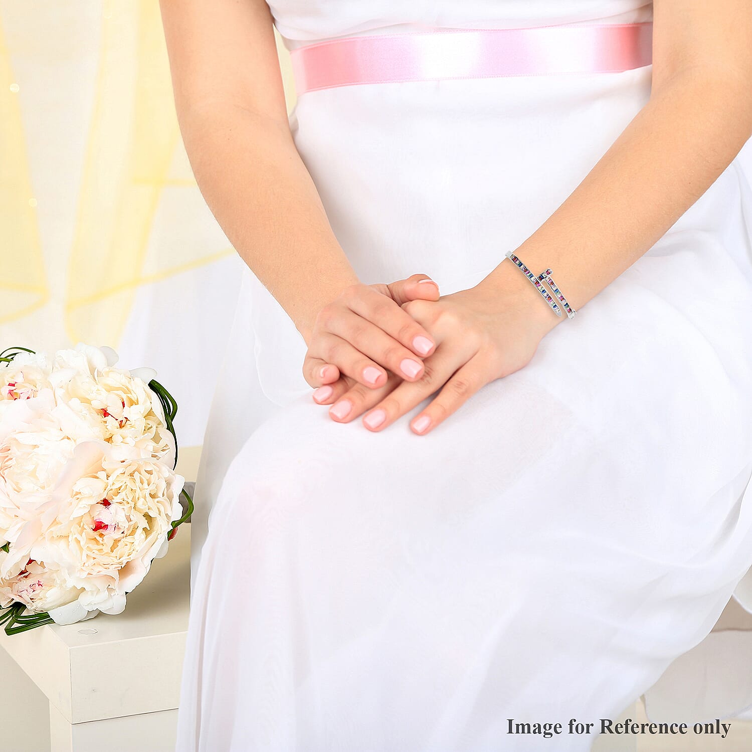Simulated Rainbow Sapphire Nail Bangle (Size 7) in White Gold Tone