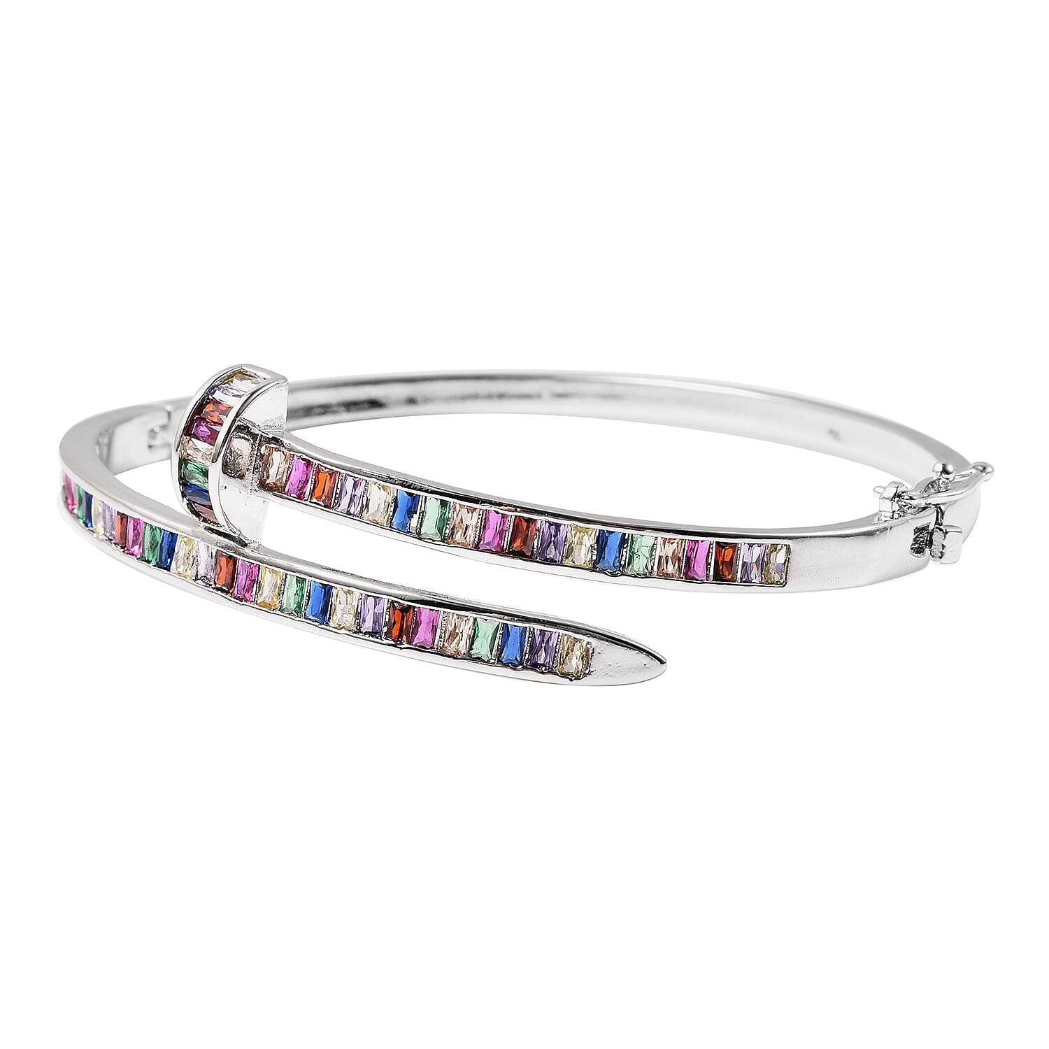 Simulated Rainbow Sapphire Nail Bangle (Size 7) in White Gold Tone