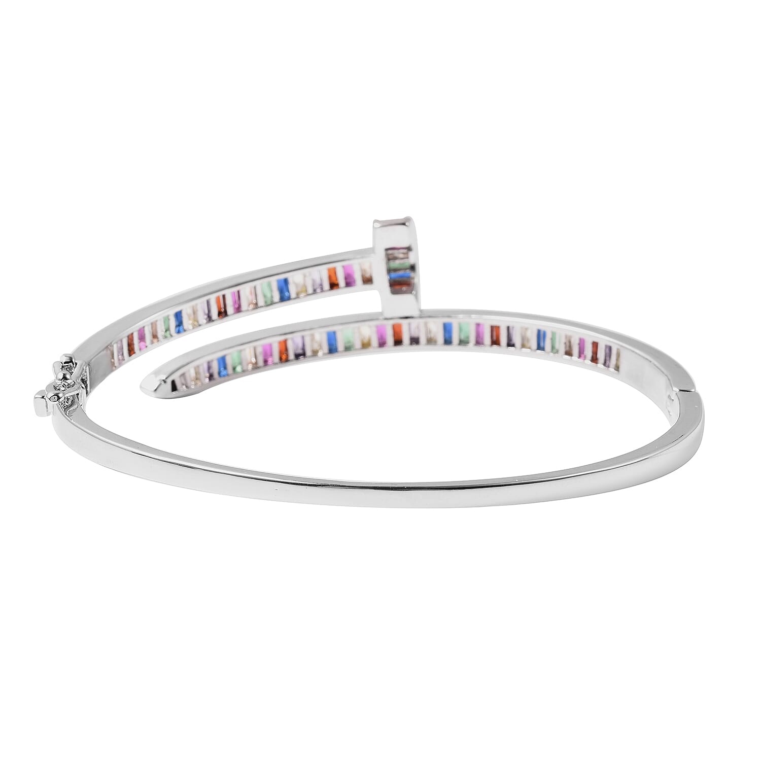 Simulated Rainbow Sapphire Nail Bangle (Size 7) in White Gold Tone